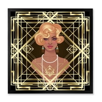 Designart 'Retro Girl In Golden Art Deco Geometrics III' Modern Framed Art Print