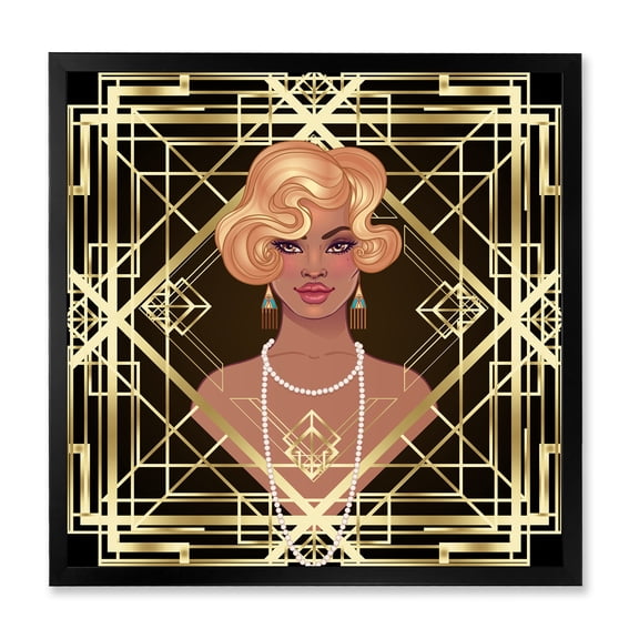 Designart 'Retro Girl In Golden Art Deco Geometrics III' Modern Framed Art Print
