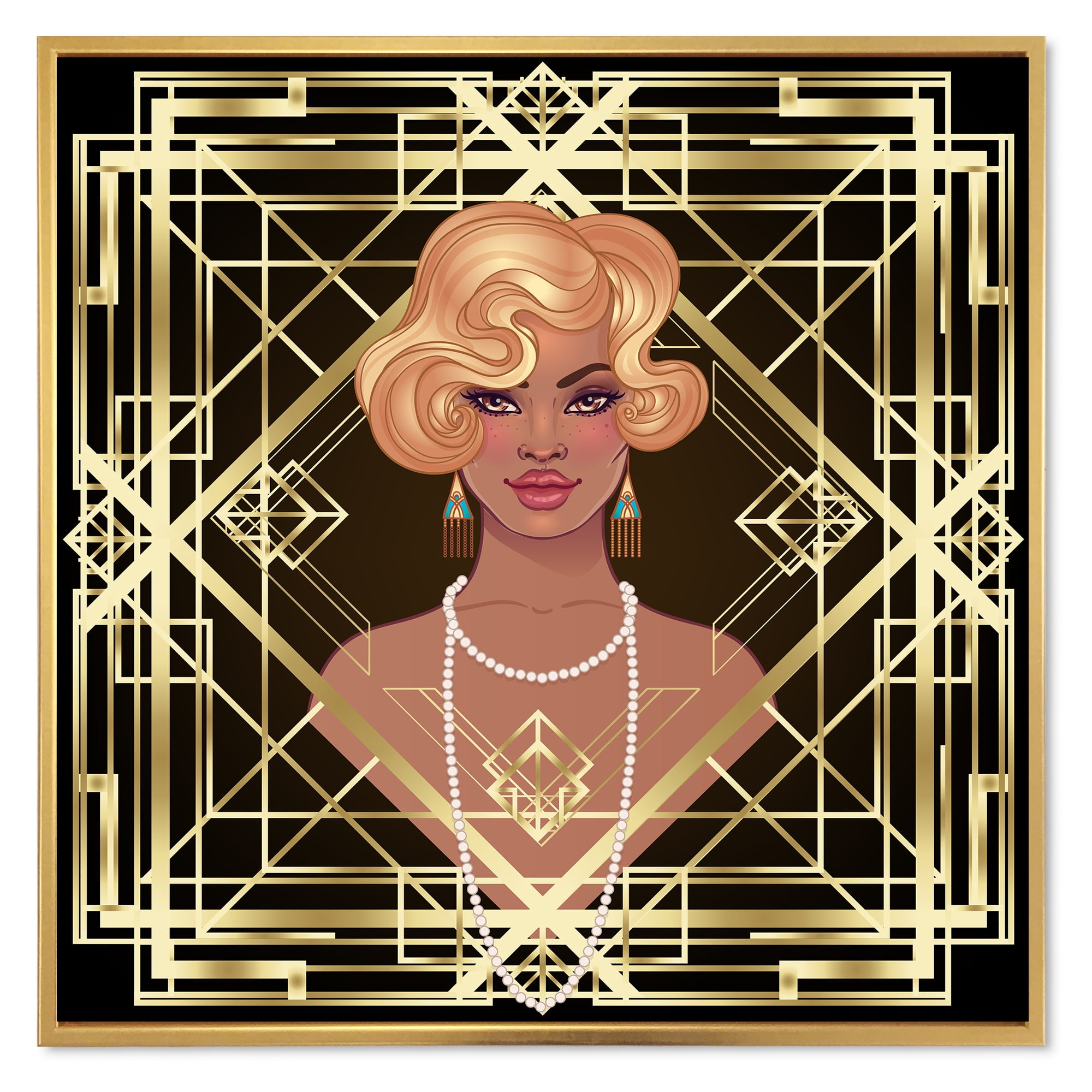 Designart 'Retro Girl In Golden Art Deco Geometrics III' Modern Framed Canvas Wall Art Print