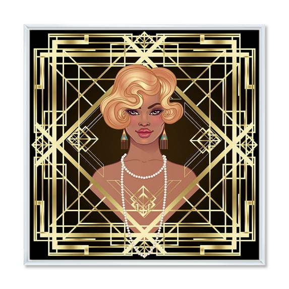 Designart 'Retro Girl In Golden Art Deco Geometrics III' Modern Framed Canvas Wall Art Print