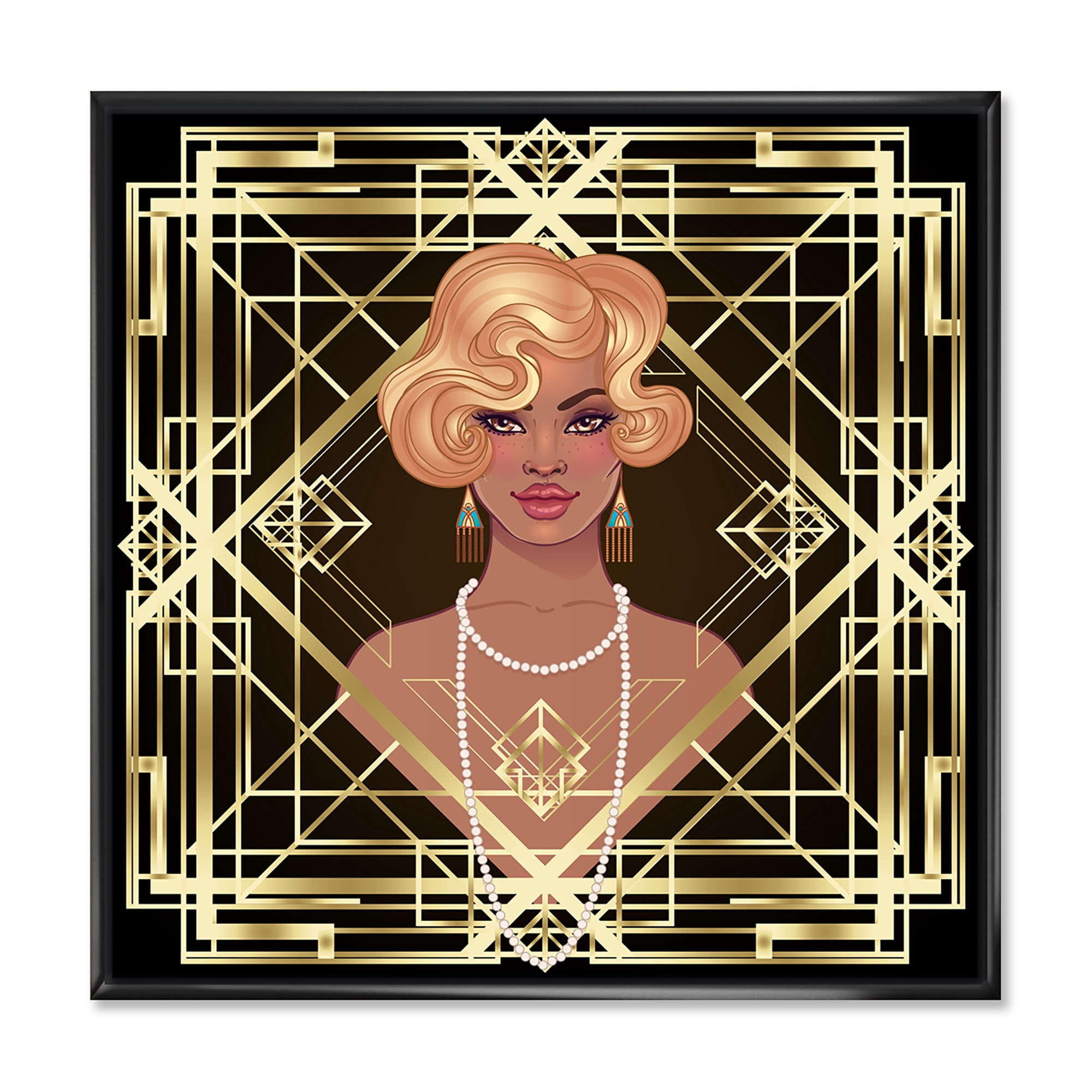 Designart 'Retro Girl In Golden Art Deco Geometrics III' Modern Framed Canvas Wall Art Print