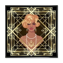 Designart 'Retro Girl In Golden Art Deco Geometrics III' Modern Framed Canvas Wall Art Print