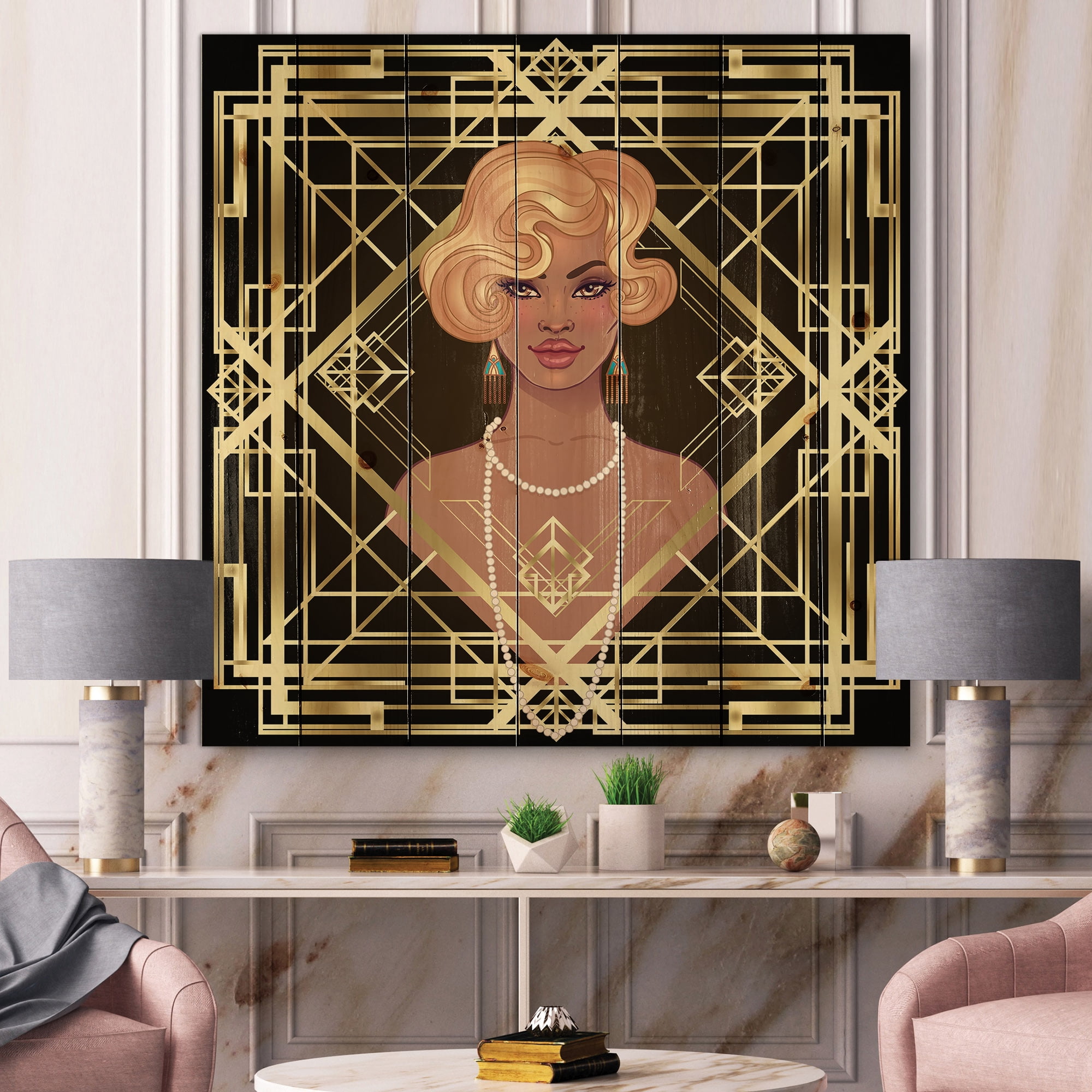 Designart 'Retro Girl In Golden Art Deco Geometrics III' Modern Print on Natural Pine Wood