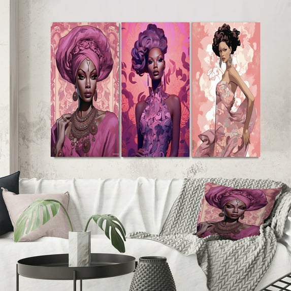 Designart "Retro Glamour African American Beauty" African American Woman Wall Art Set Of 3 - Woman African American Pink Gallery Set For Office Decor