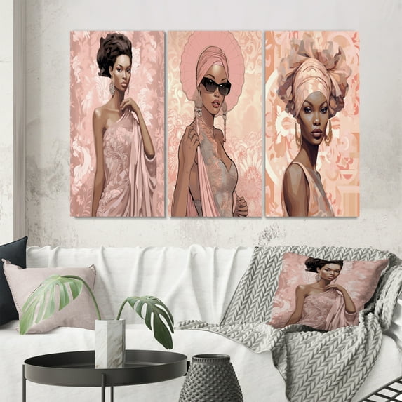 Designart "Retro Glamour African American Beauty IV" African American Woman Wall Art Set Of 3 - Woman African American Pink Gallery Set For Office Decor
