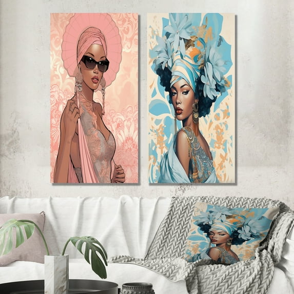 Designart "Retro Glamour Stunning African American Beauty IV" African American Woman Wall Art Set Of 2 - Glam Pink Wall Decor Set Of 2