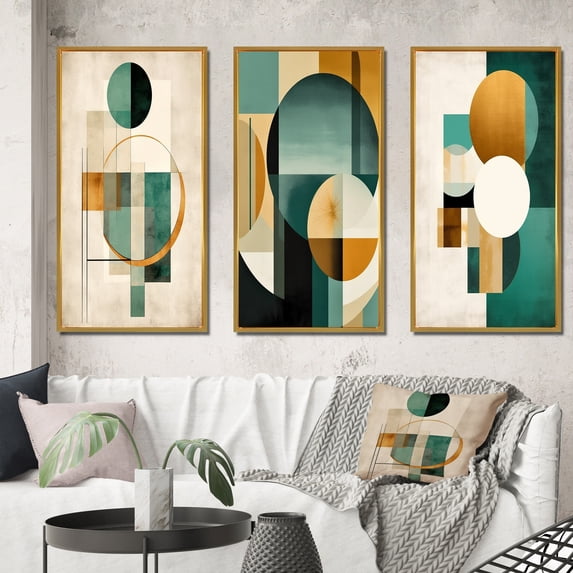 Designart "Retro Gold and Teal Full Moon Grace II" Modern Geometric Framed Wall Art Set Of 3 - Gold Abstract Frame Canvas Set For Living Room Decor