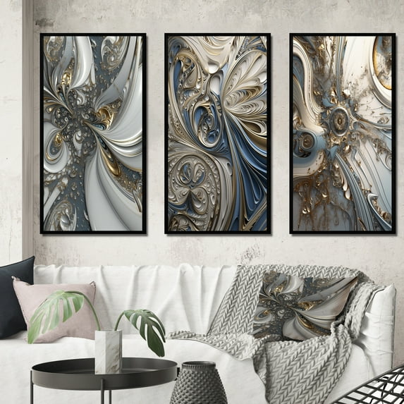 Designart "Retro Gold and White Whirl Fractal V" Fractals Framed Wall Art Set Of 3 - Gold Transitional Frame Gallery Set For Office Decor