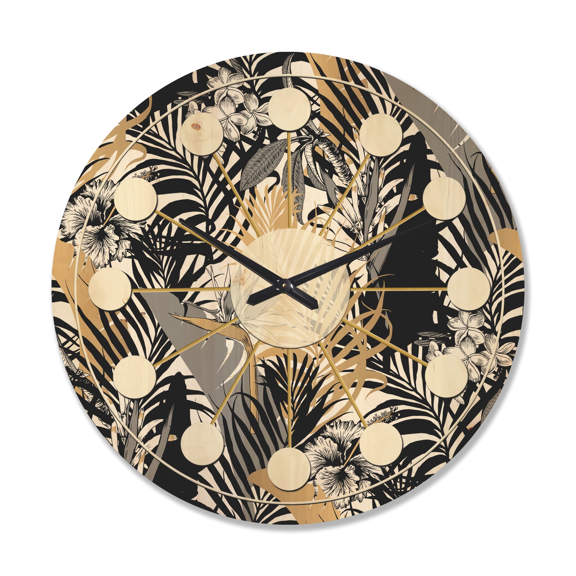 Designart 'Retro Golden Foliage II' Mid-Century Modern Wood Wall Clock