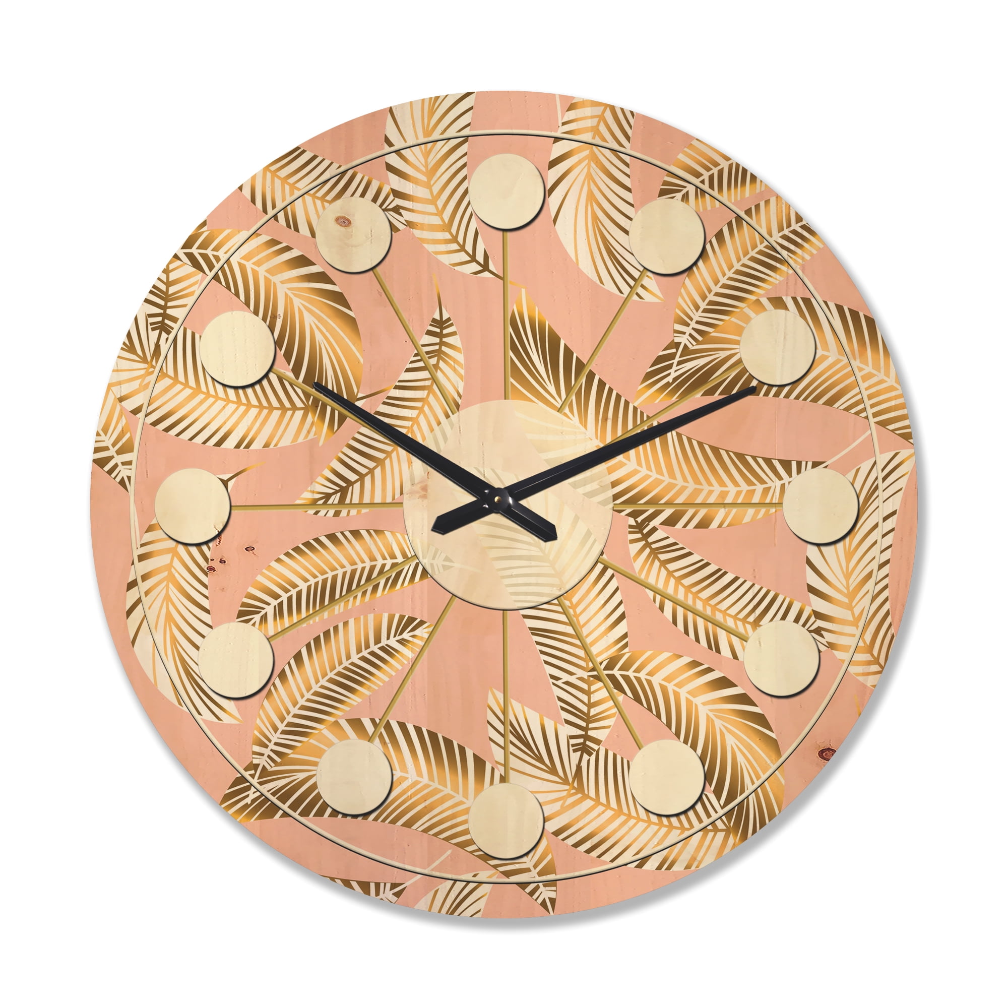 Designart 'Retro Golden Foliage IV' Mid-Century Modern Wood Wall Clock