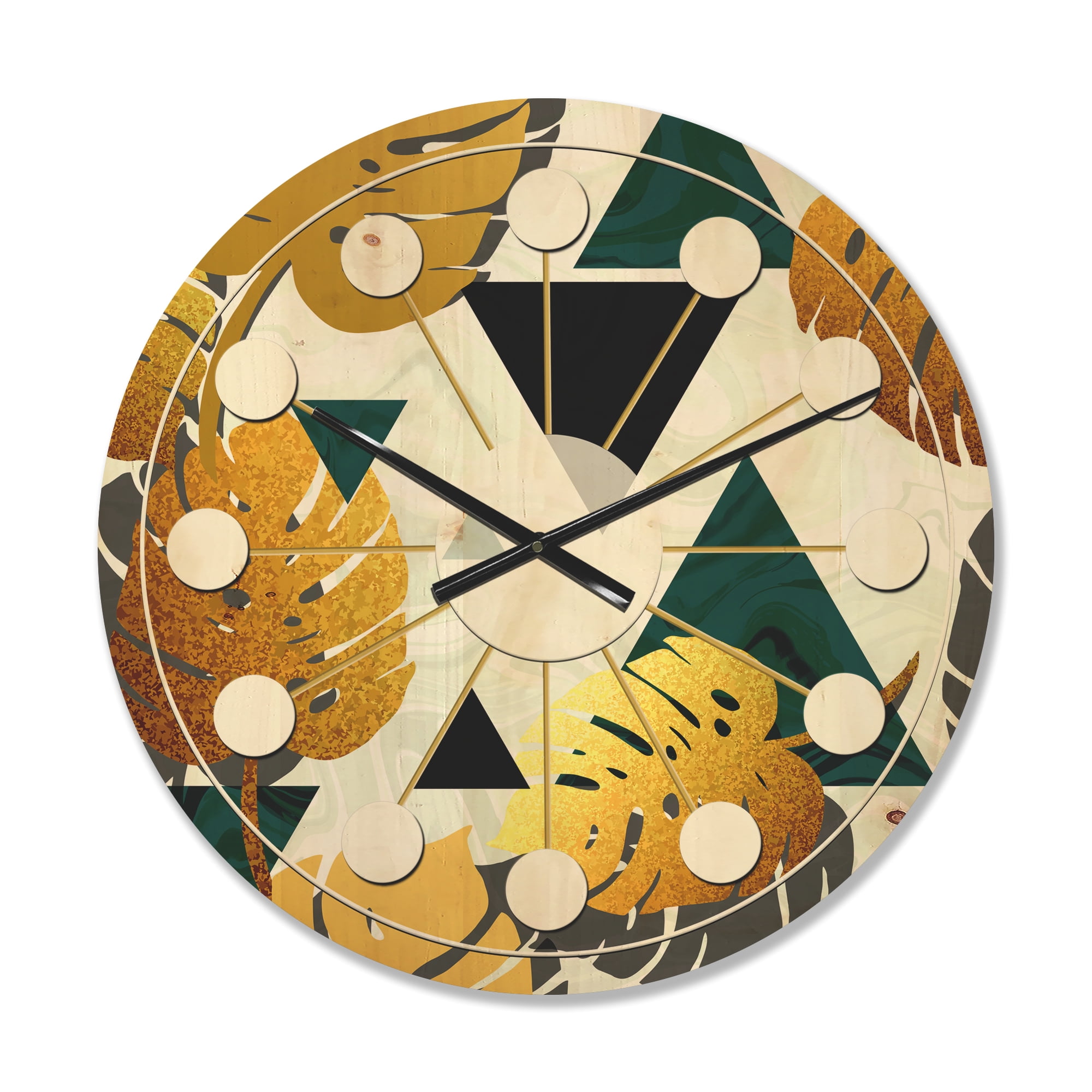 Designart 'Retro Golden Foliage V' Mid-Century Modern Wood Wall Clock