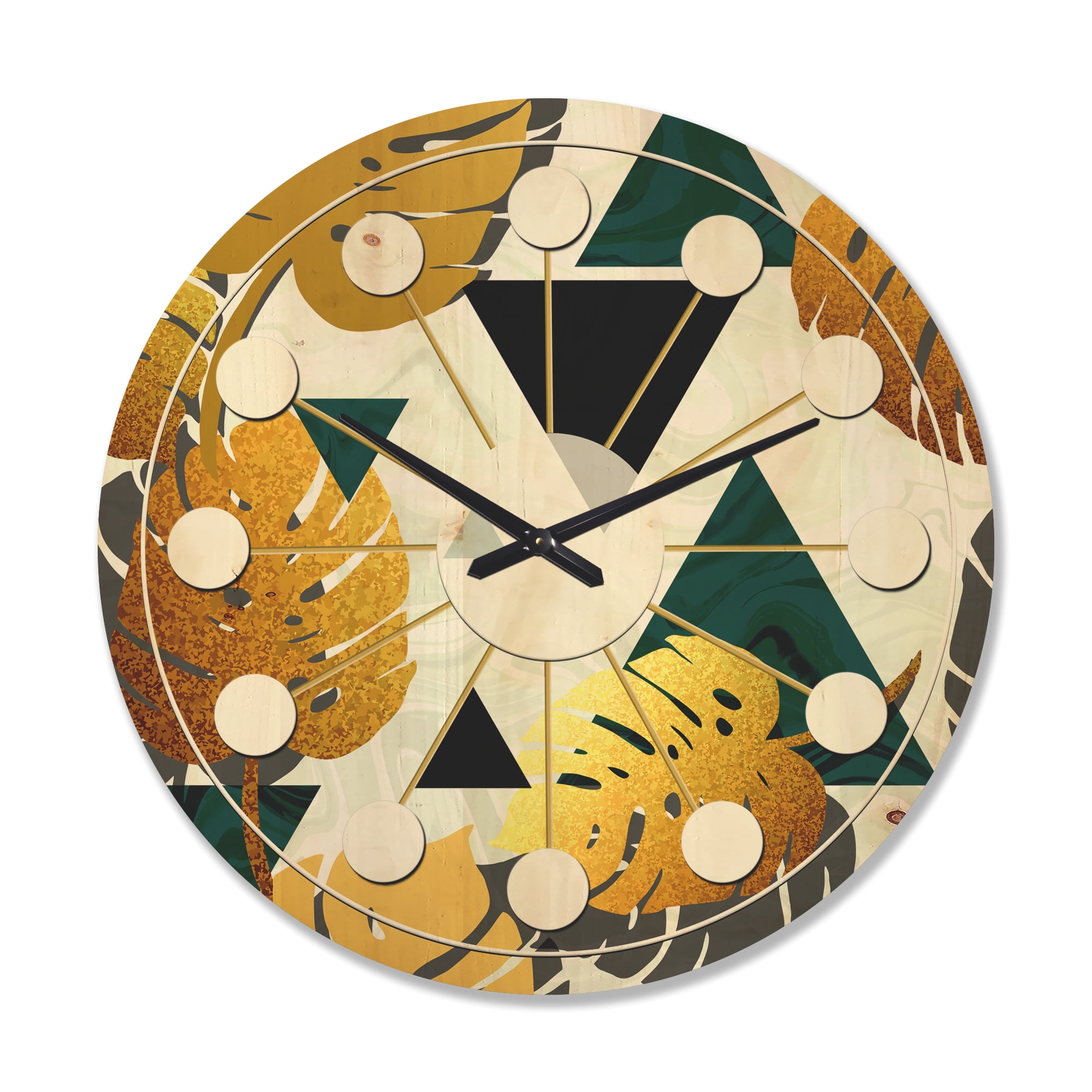 Designart 'Retro Golden Foliage V' Mid-Century Modern Wood Wall Clock