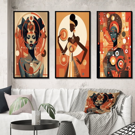 Designart "Retro Graphic Representation of an African Goddess I" African American Woman Framed Wall Art Set Of 3 - Red Woman African American Frame Gallery Wall Set For Home Decor