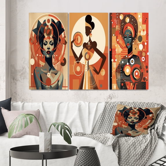 Designart "Retro Graphic Representation of an African Goddess I" African American Woman Wall Art Set Of 3 - Woman African American Red Gallery Wall Set For Home Decor