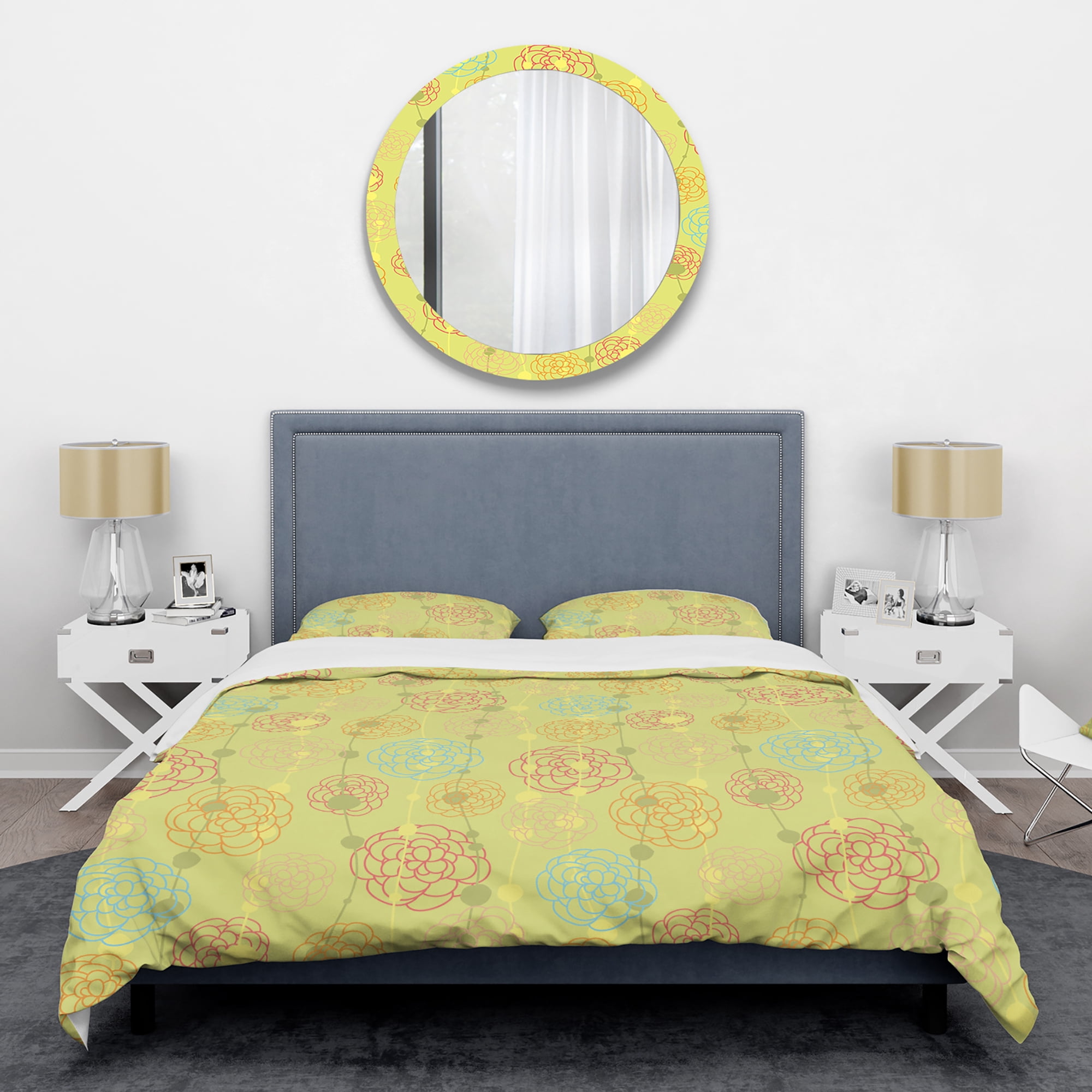 Designart 'Retro Handdrawn Flowers On Green Background' Mid-Century Modern Duvet Cover Set
