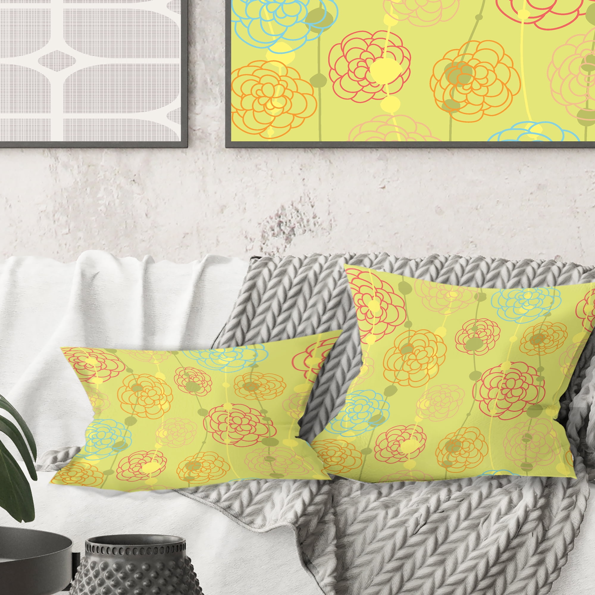 Designart Retro Handdrawn Flowers On Green Background' Mid-Century Modern Throw Pillow - 16x16