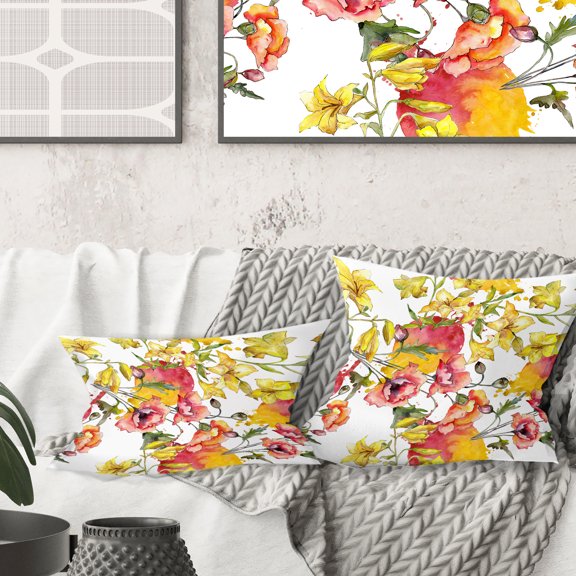 Designart Retro Handdrawn Poppies IV' Mid-Century Modern Throw Pillow - 18x18