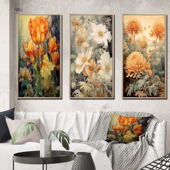 Designart "Retro Illustration Blooming Red Tulips" Wildflowers Framed Wall Art Set Of 3 - Orange Traditional Frame Gallery Set For Office Decor