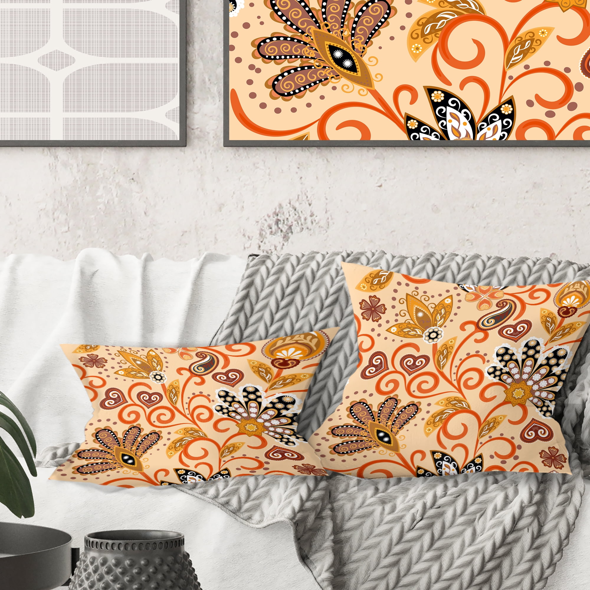 Designart Retro Indian Floral Batik III' Mid-Century Modern Throw Pillow - 18x18