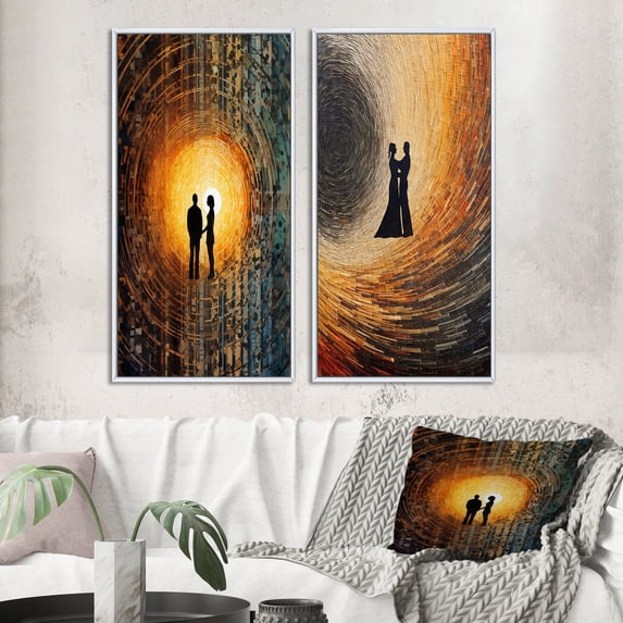 Designart "Retro Lovers Celebrating Eternal Love III" Couple Framed Wall Art Set Of 2 - Glam Yellow Gallery Wall Frame Set For Home Decor