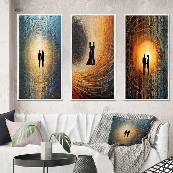 Designart "Retro Lovers Celebrating Eternal Love VI" Couple Framed Wall Art Set Of 3 - Black Glam Frame Gallery Set For Office Decor