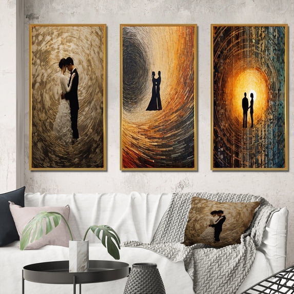 Designart "Retro Lovers Celebrating the Eternal Now IV" Couple Framed Wall Art Set Of 3 - White Glam Frame Gallery Set For Office Decor