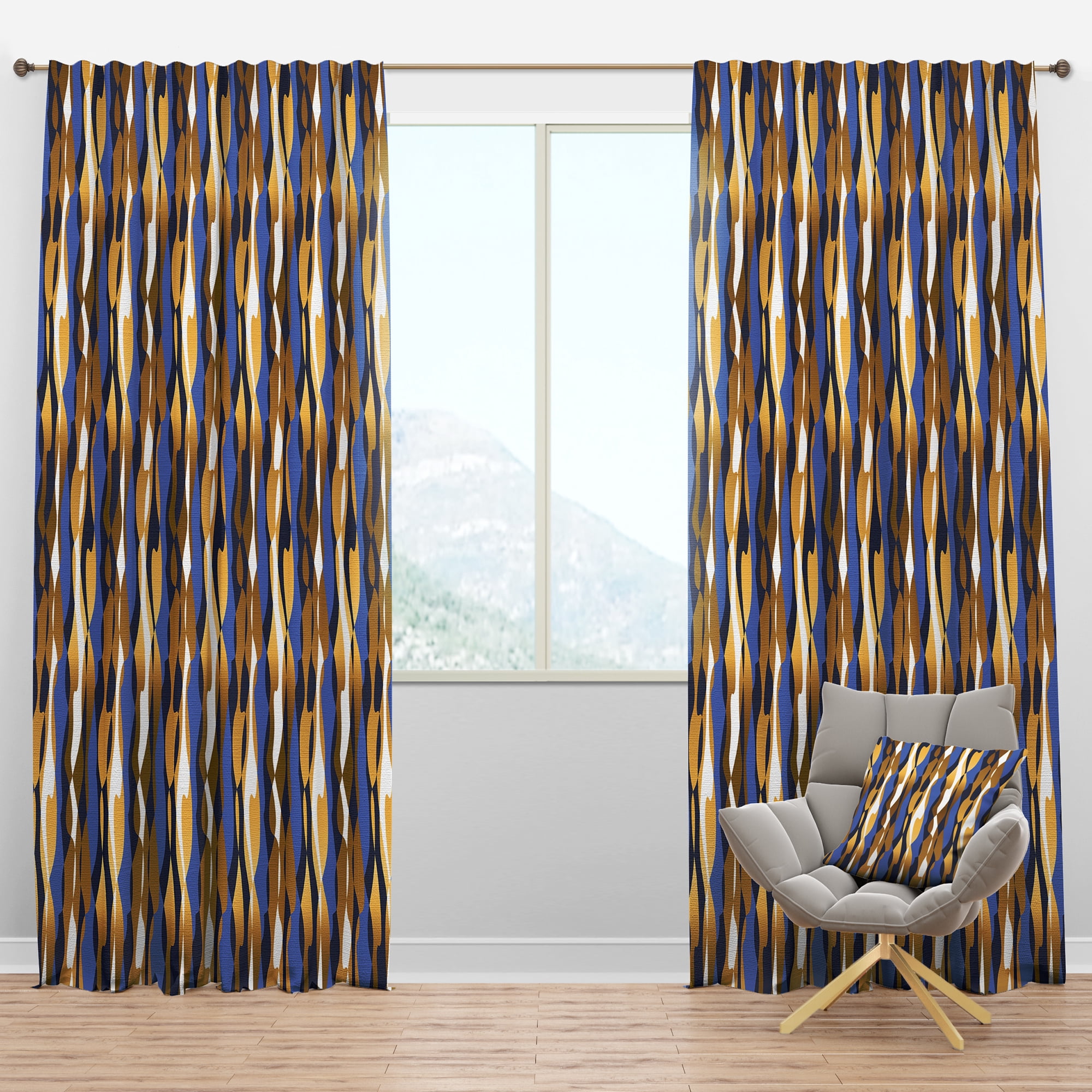 Designart 'Retro Luxury Waves In Blue and Gold I' Mid-Century Modern Blackout Curtain Panel