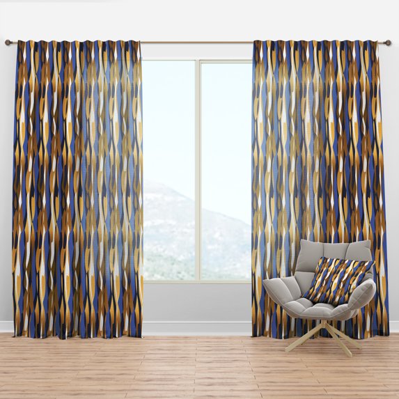 Designart 'Retro Luxury Waves In Blue and Gold I' Mid-Century Modern Curtain Panel