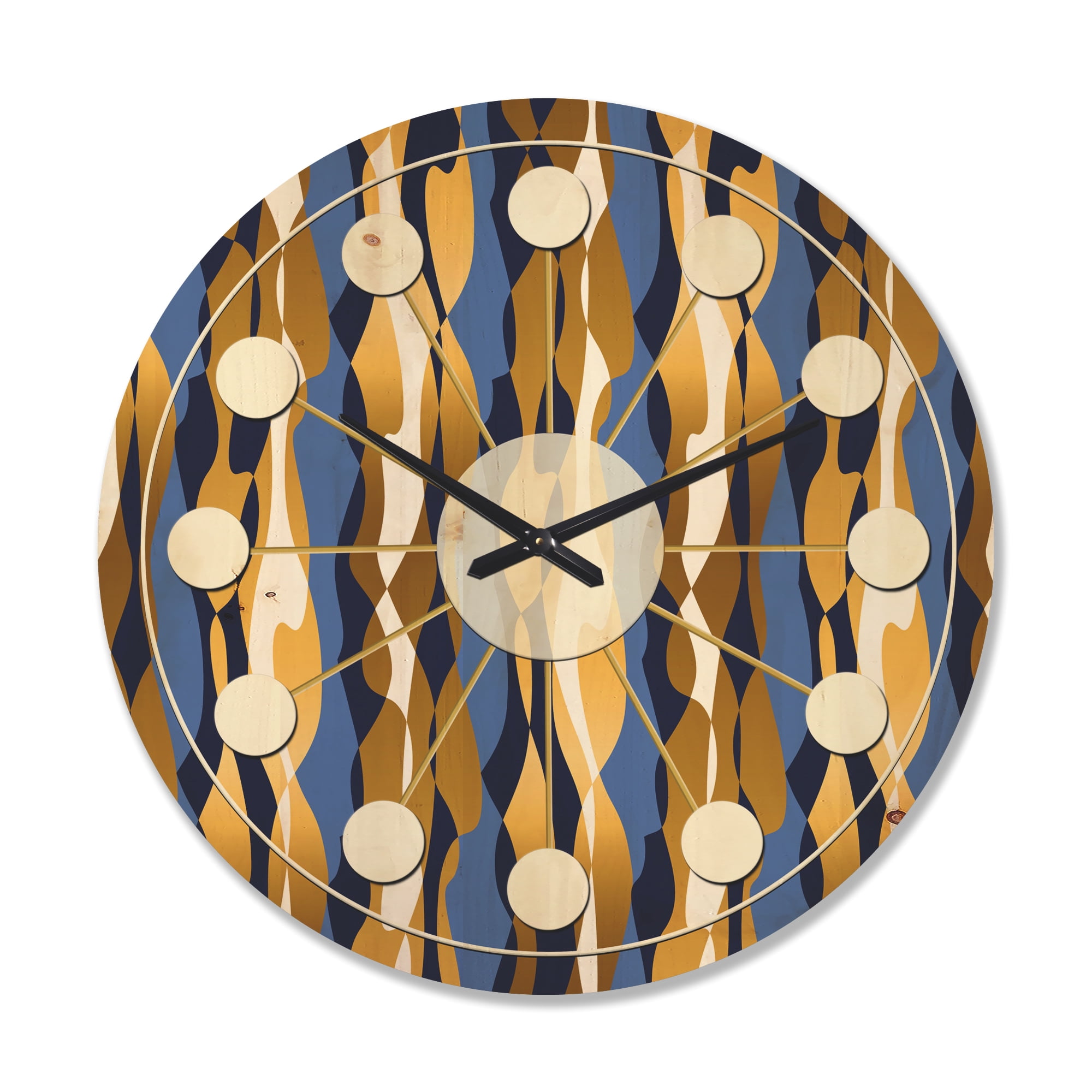 Designart 'Retro Luxury Waves In Blue and Gold I' Mid-Century Modern Wood Wall Clock