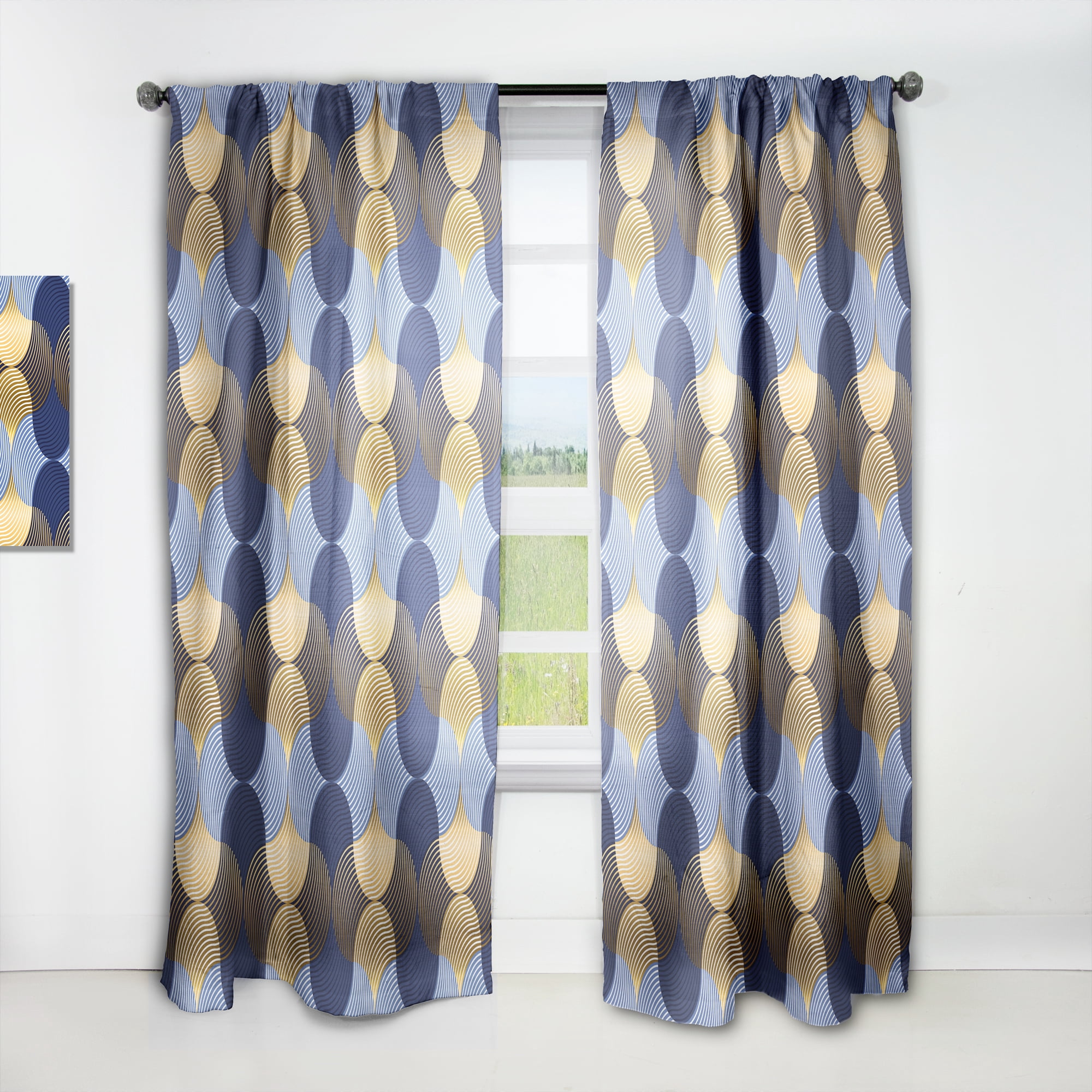 Designart 'Retro Luxury Waves In Blue and Gold II' Mid-Century Modern Curtain Panel