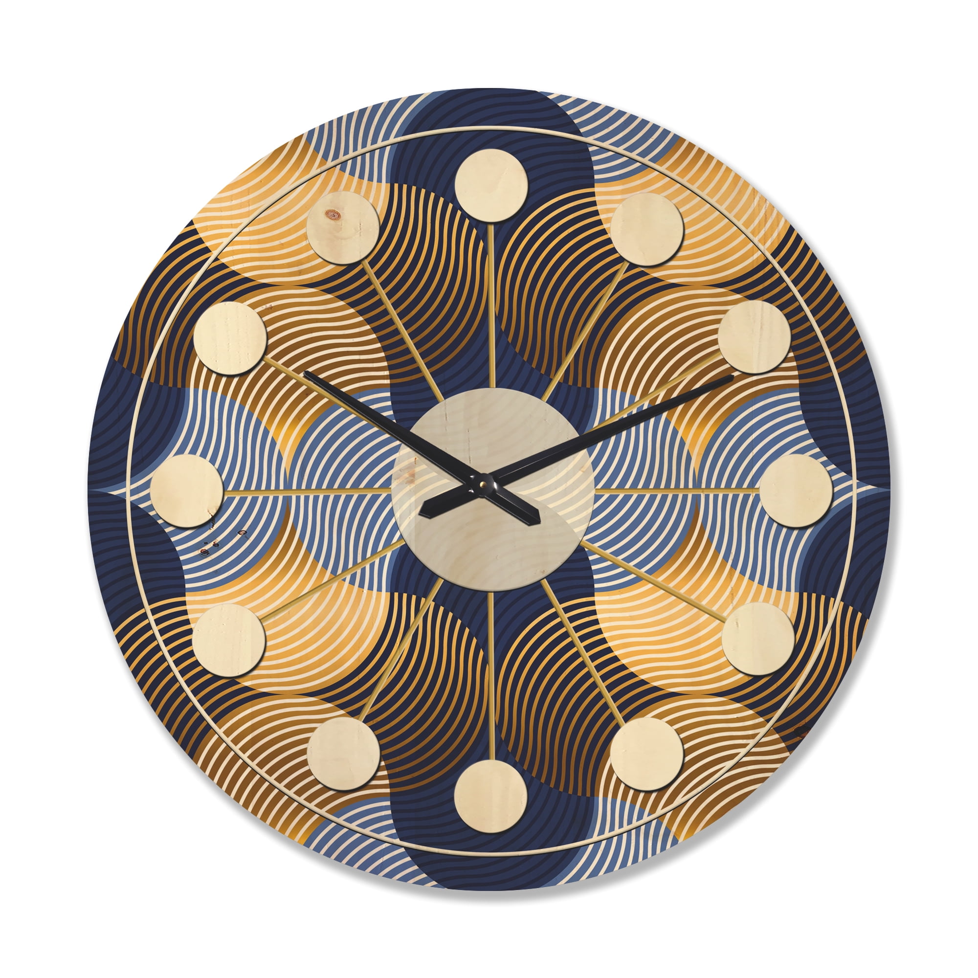 Designart 'Retro Luxury Waves In Blue and Gold II' Mid-Century Modern Wood Wall Clock