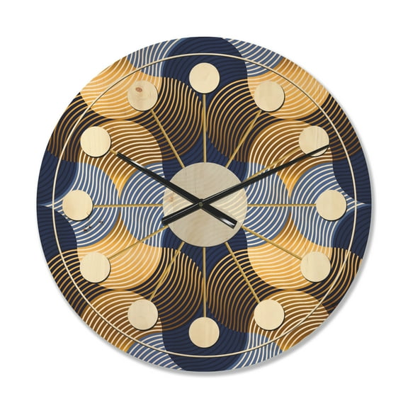 Designart 'Retro Luxury Waves In Blue and Gold II' Mid-Century Modern Wood Wall Clock