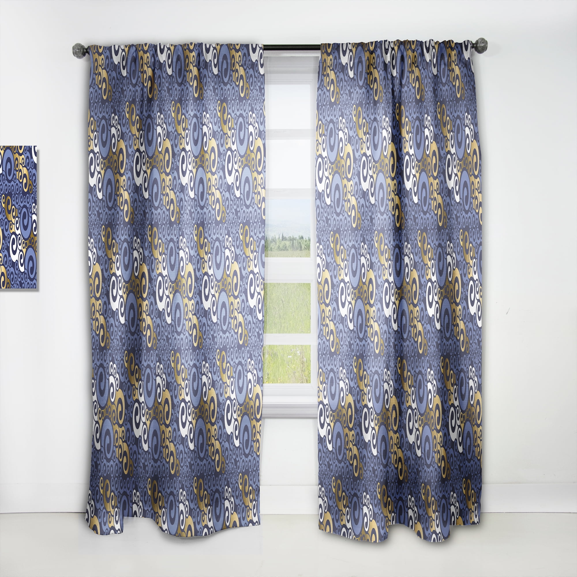 Designart 'Retro Luxury Waves In Blue and Gold III' Mid-Century Modern Curtain Panel