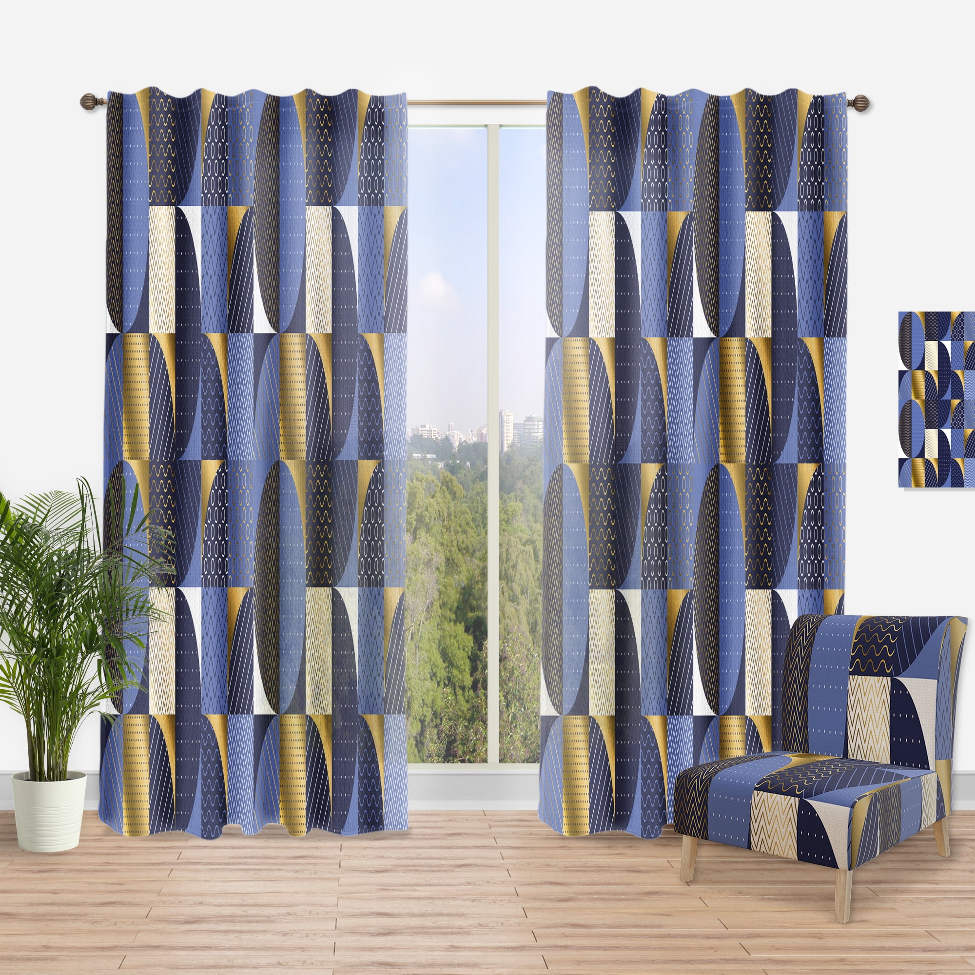 Designart Retro Luxury Waves Blue Gold Curtain Panel - Mid-Century