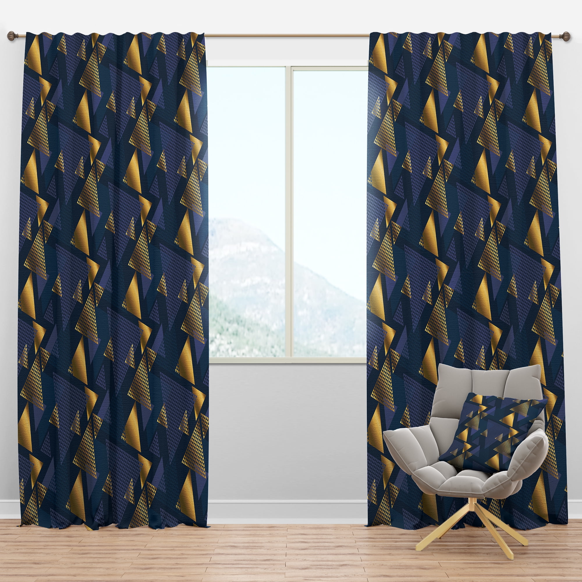 Designart 'Retro Luxury Waves In Blue and Gold IX' Mid-Century Modern Blackout Curtain Panel