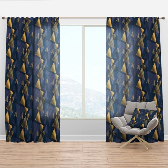 Designart 'Retro Luxury Waves In Blue and Gold IX' Mid-Century Modern Curtain Panel