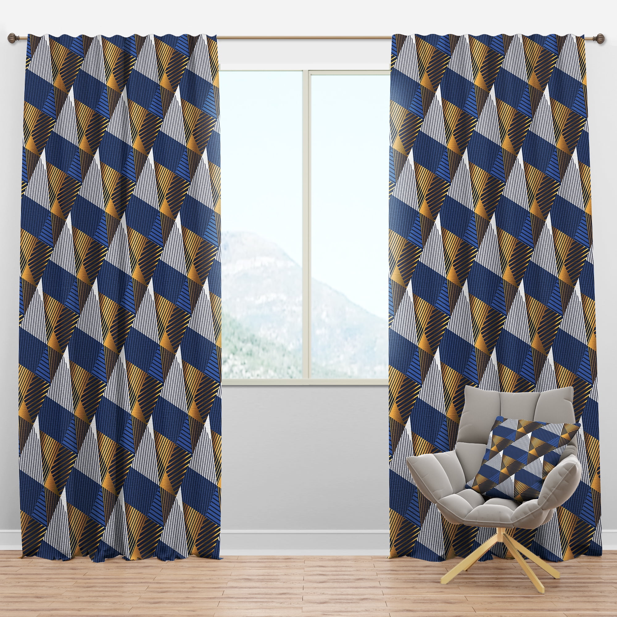 Designart 'Retro Luxury Waves In Blue and Gold V' Mid-Century Modern Blackout Curtain Panel