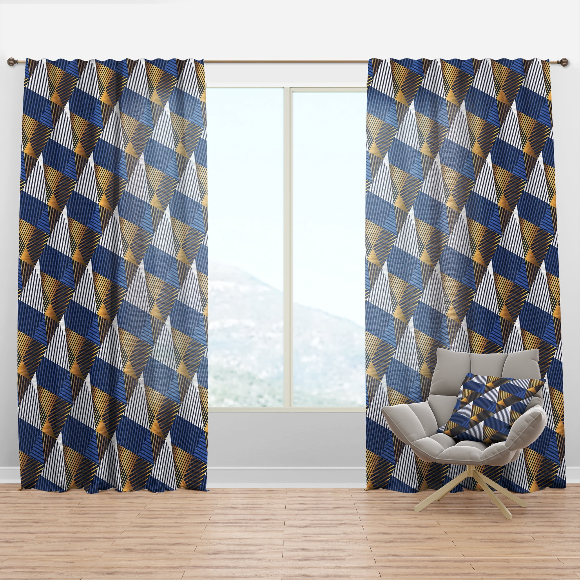 Designart 'Retro Luxury Waves In Blue and Gold V' Mid-Century Modern Curtain Panel