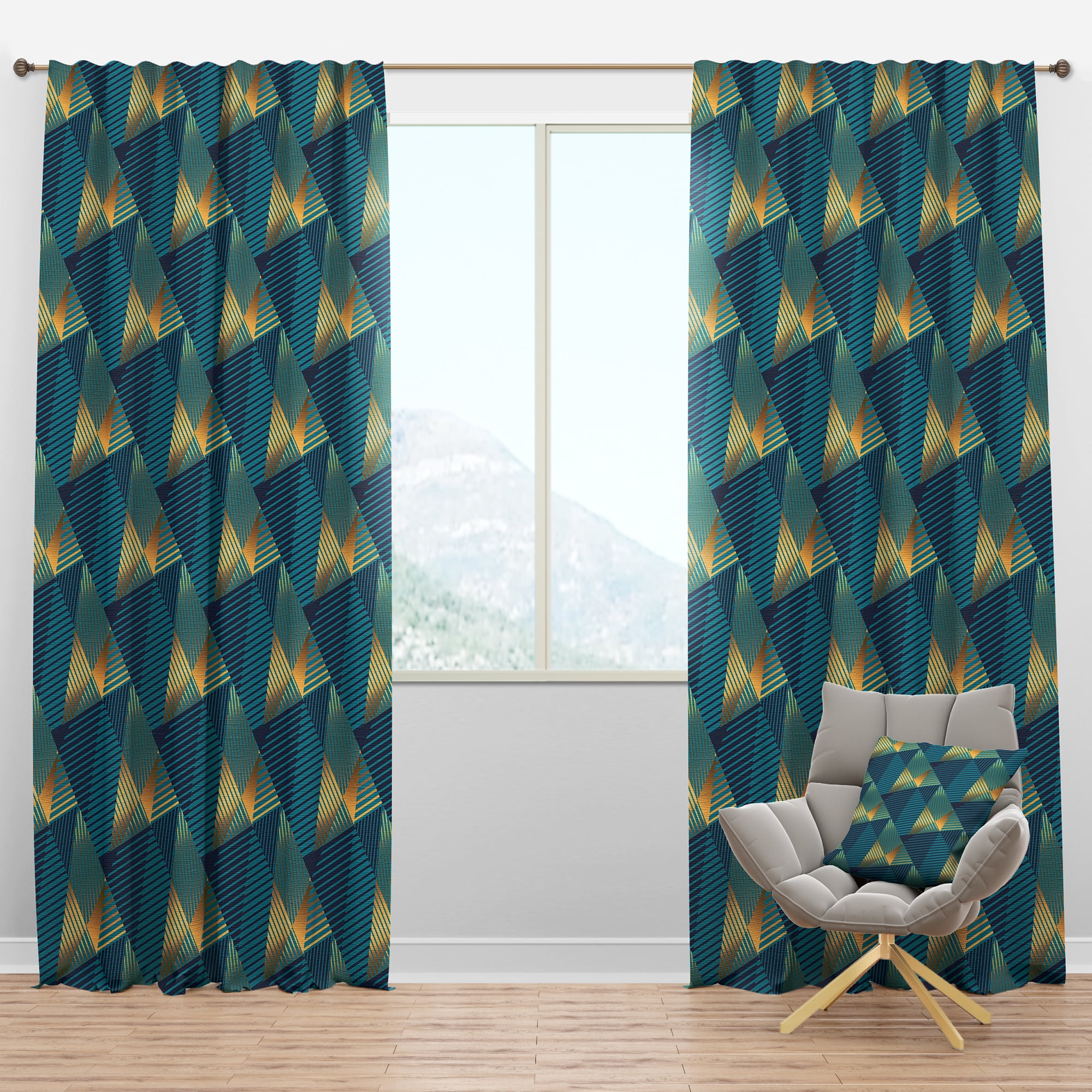 Designart 'Retro Luxury Waves In Blue and Gold VII' Mid-Century Modern Blackout Curtain Panel