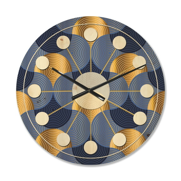 Designart 'Retro Luxury Waves In Blue and Gold VIII' Mid-Century Modern Wood Wall Clock
