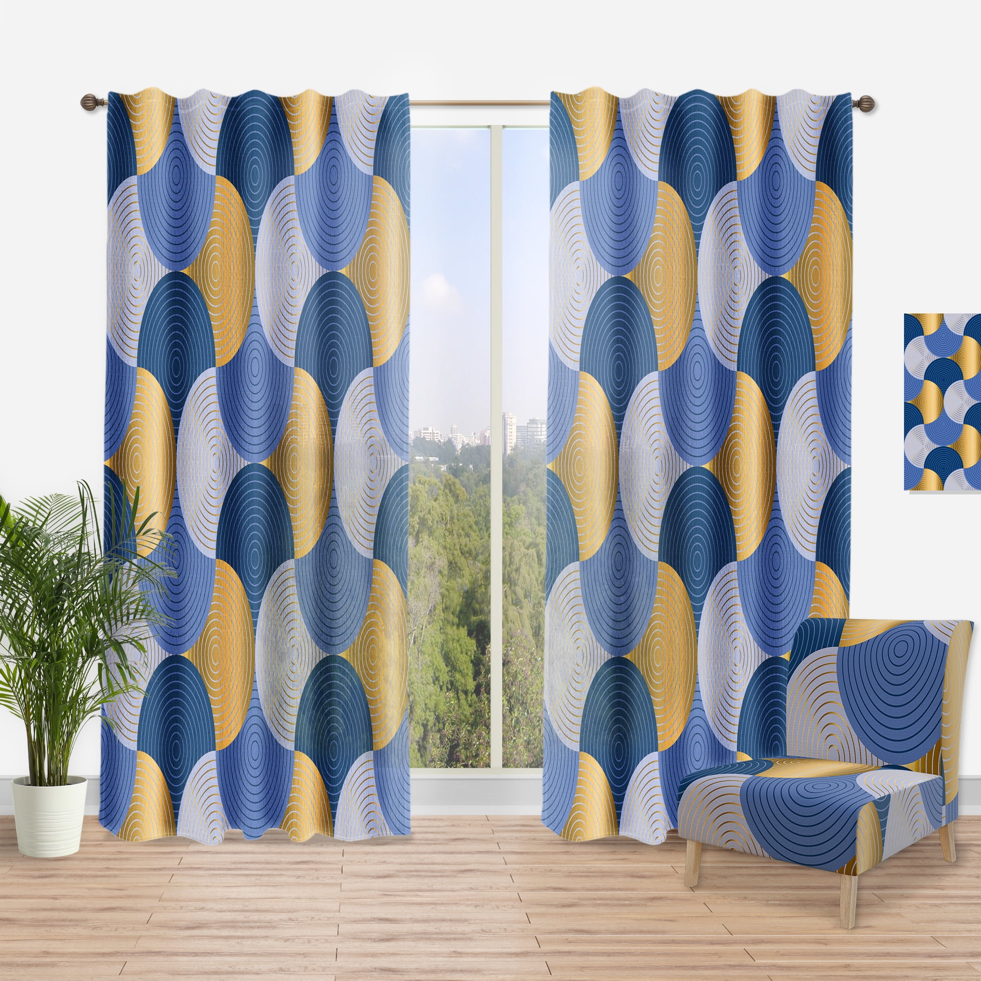 Designart 'Retro Luxury Waves In Blue and Gold X' Mid-Century Modern Curtain Panel