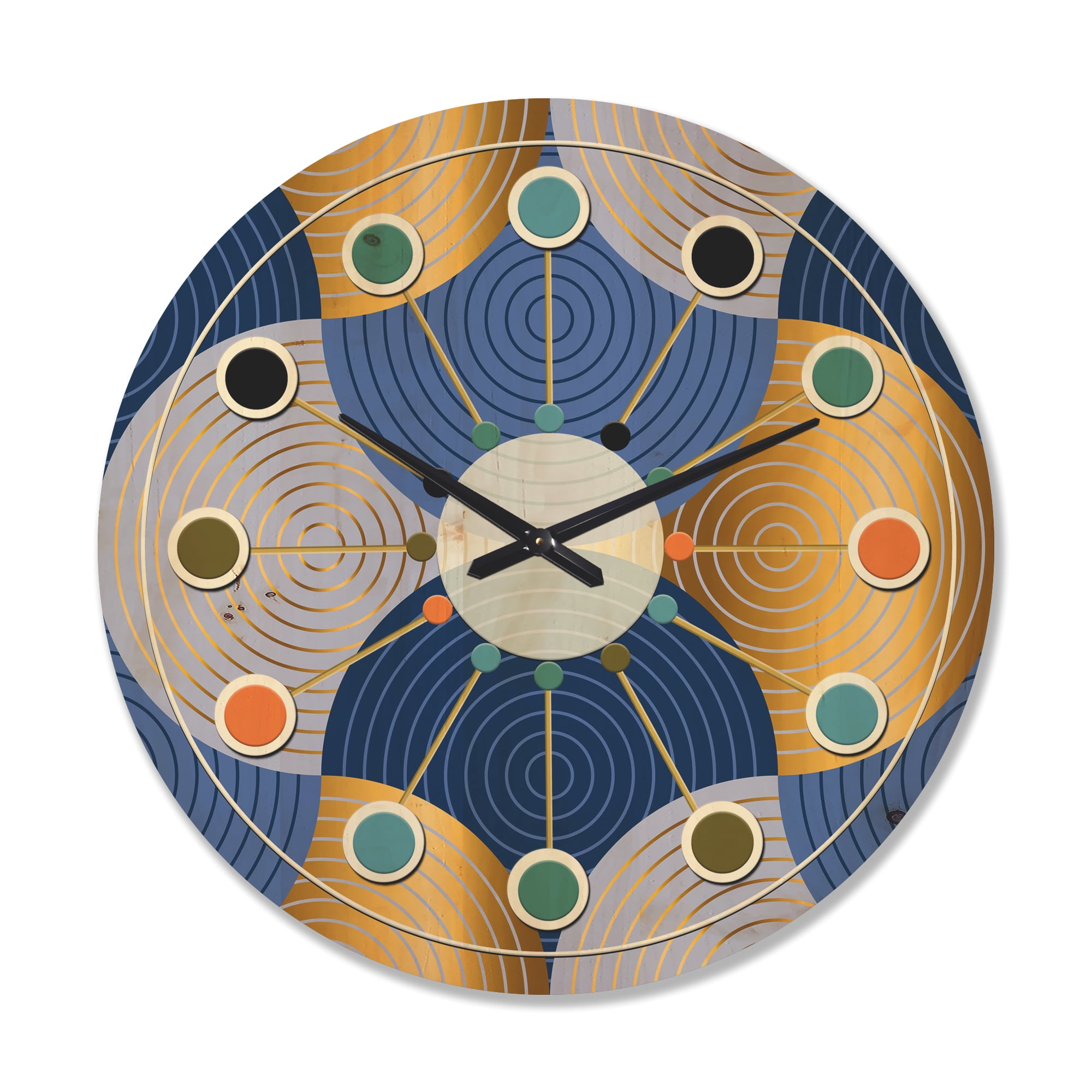 Designart 'Retro Luxury Waves In Blue and Gold X' Mid-Century Modern Wood Wall Clock