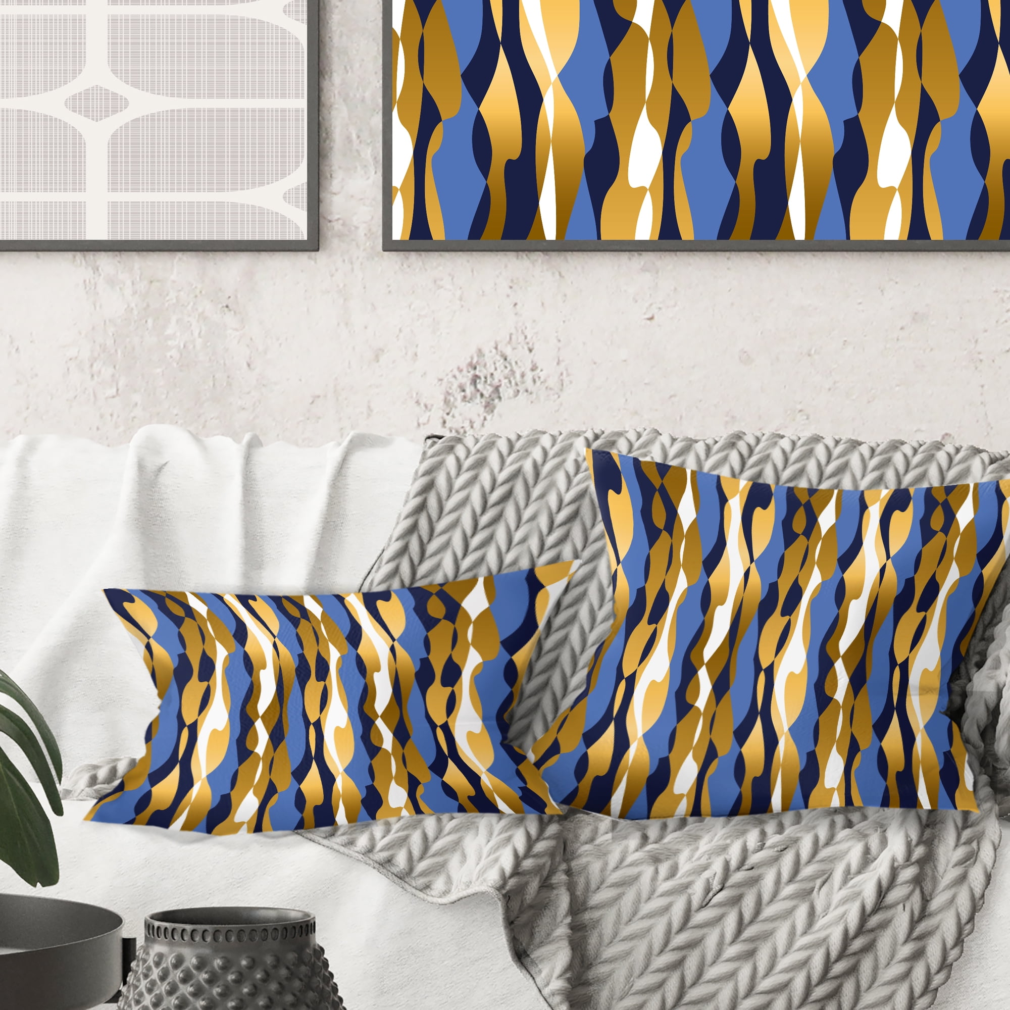 Designart Retro Luxury Waves In Gold And Blue I' Mid-Century Modern Throw Pillow - 16x16