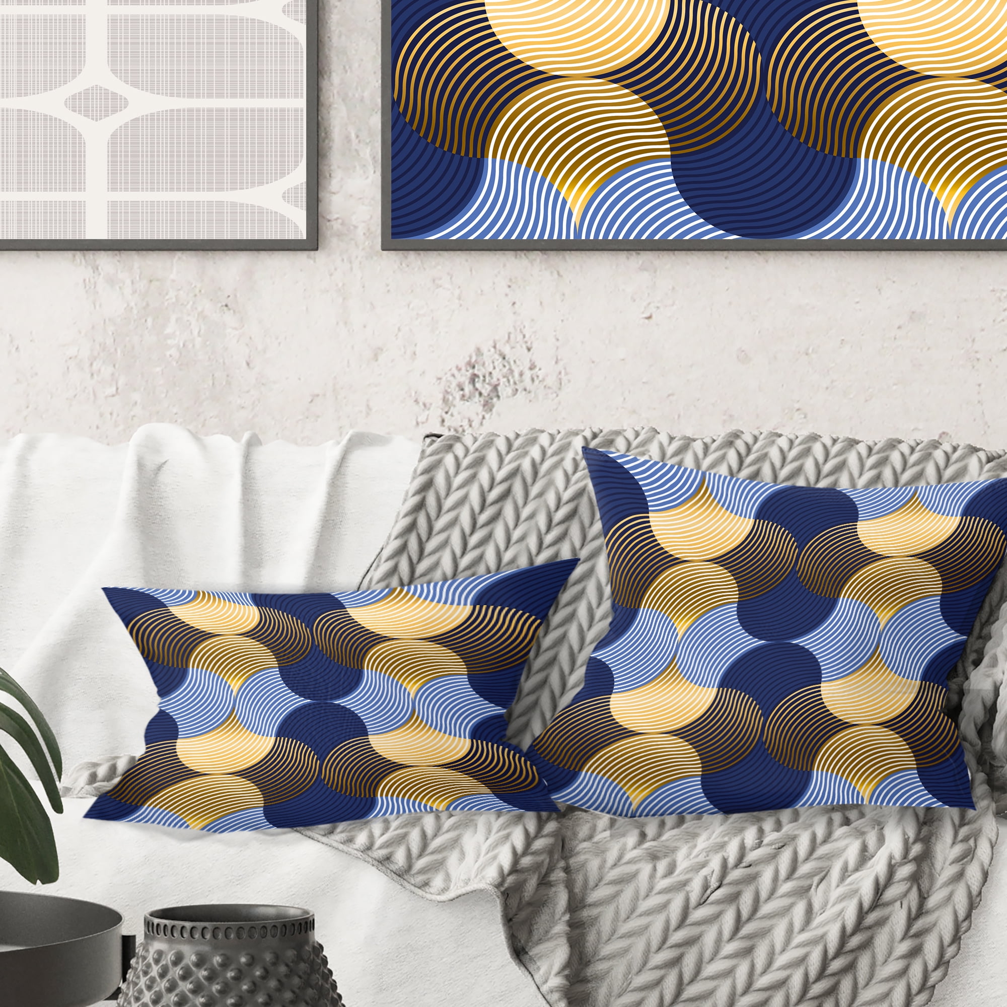 Designart Retro Luxury Waves In Gold And Blue II' Mid-Century Modern Throw Pillow - 16x16