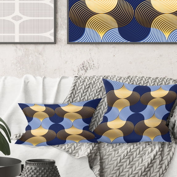 Designart Retro Luxury Waves In Gold And Blue II' Mid-Century Modern Throw Pillow - 16x16