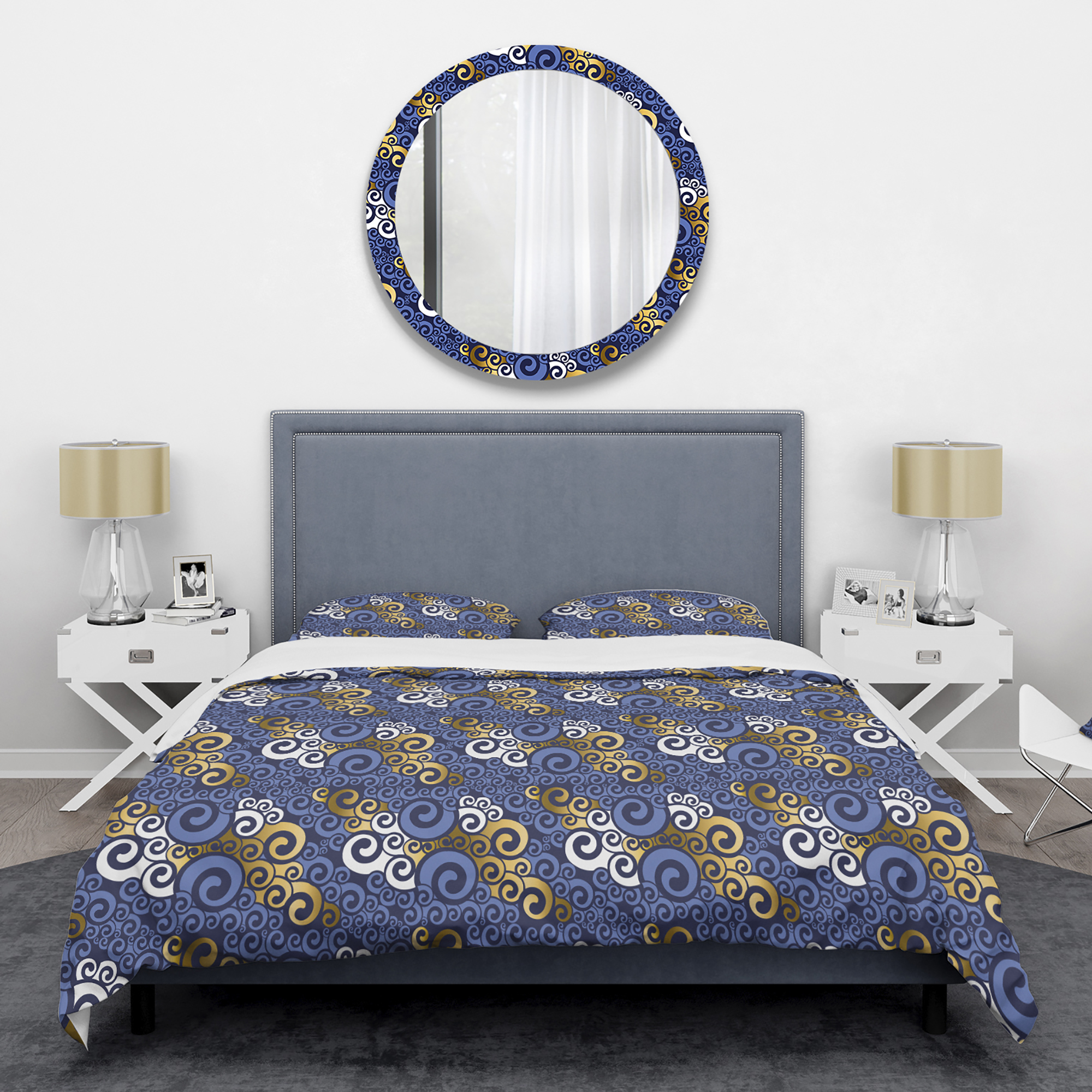 Designart 'Retro Luxury Waves In Gold And Blue III' Mid-Century Modern Duvet Cover Set