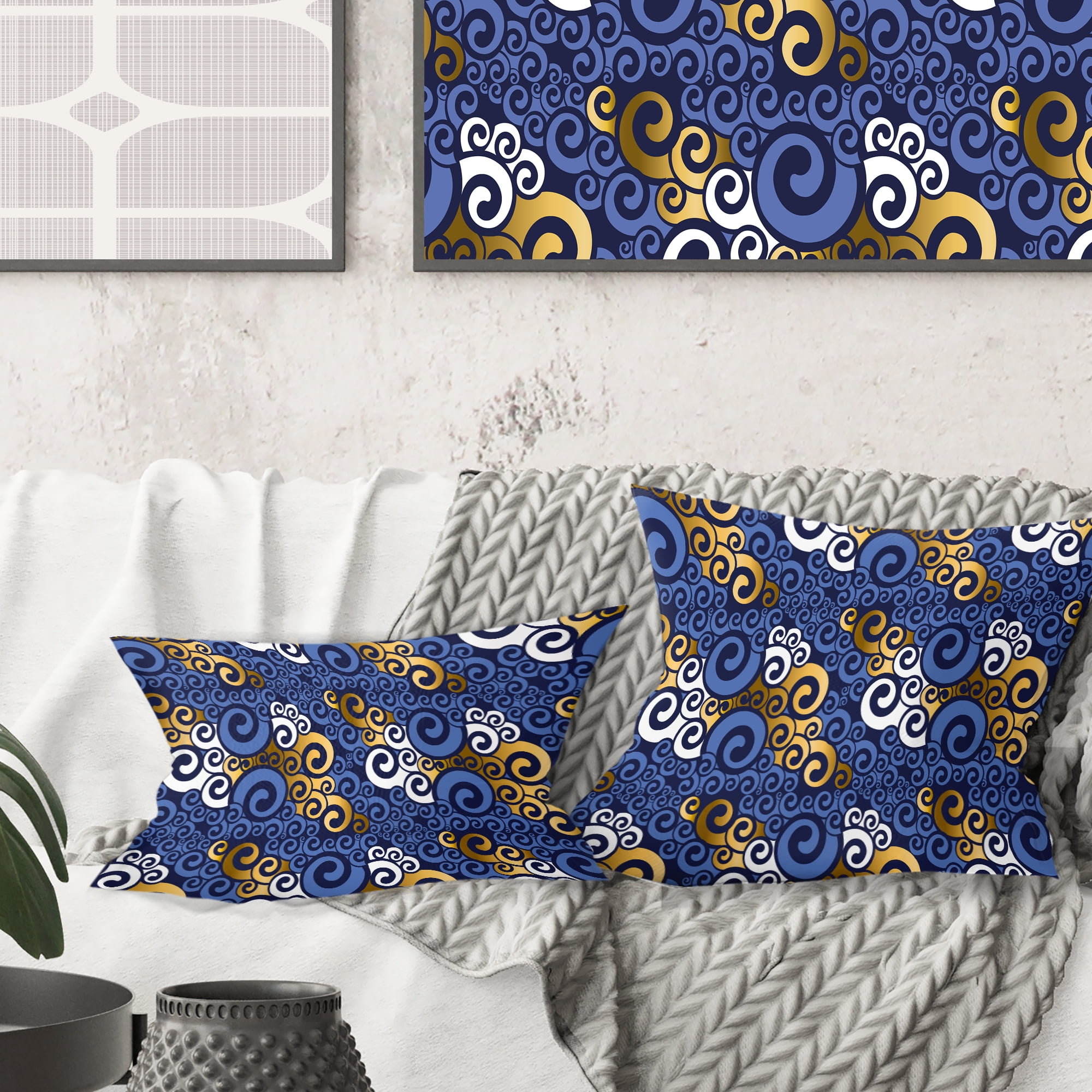 Designart Retro Luxury Waves In Gold And Blue III' Mid-Century Modern Throw Pillow - 16x16