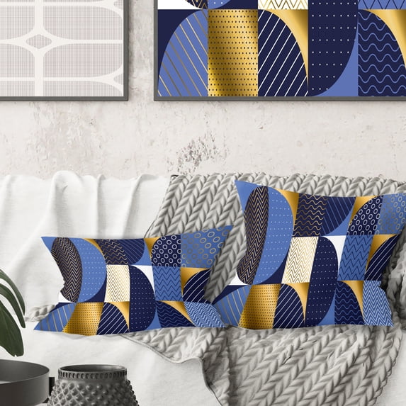 Designart Retro Luxury Waves In Gold And Blue IV' Mid-Century Modern Throw Pillow - 16x16