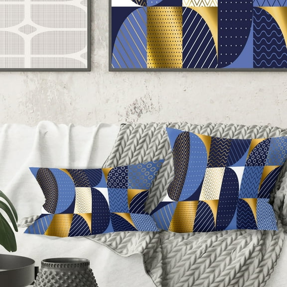 Designart Retro Luxury Waves In Gold And Blue IV' Mid-Century Modern Throw Pillow - 18x18