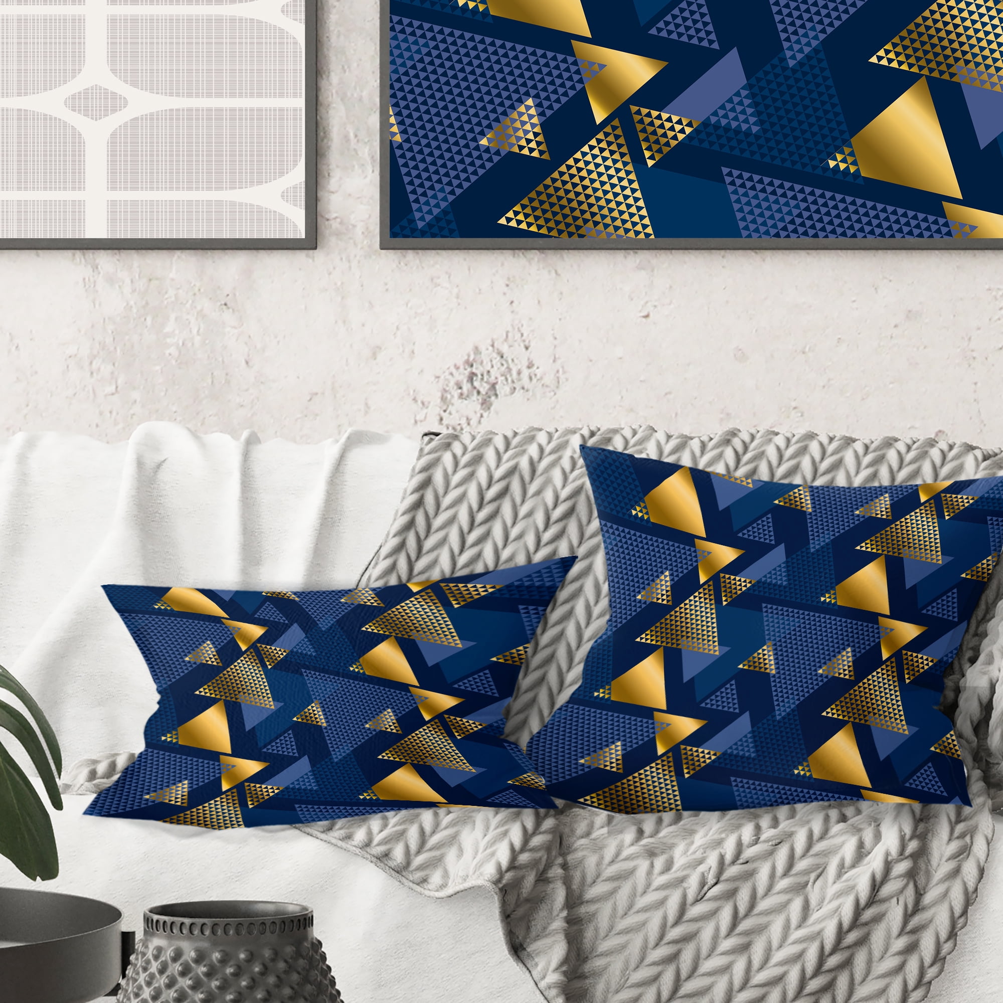 Designart Retro Luxury Waves In Gold And Blue IX' Mid-Century Modern Throw Pillow - 16x16